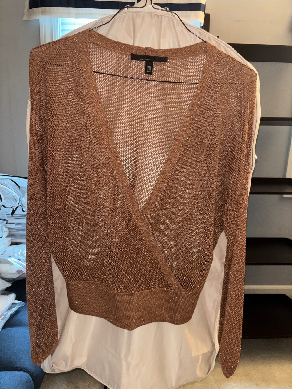 White House Black Market Metallic Brown V-Neck Wrap Sweater